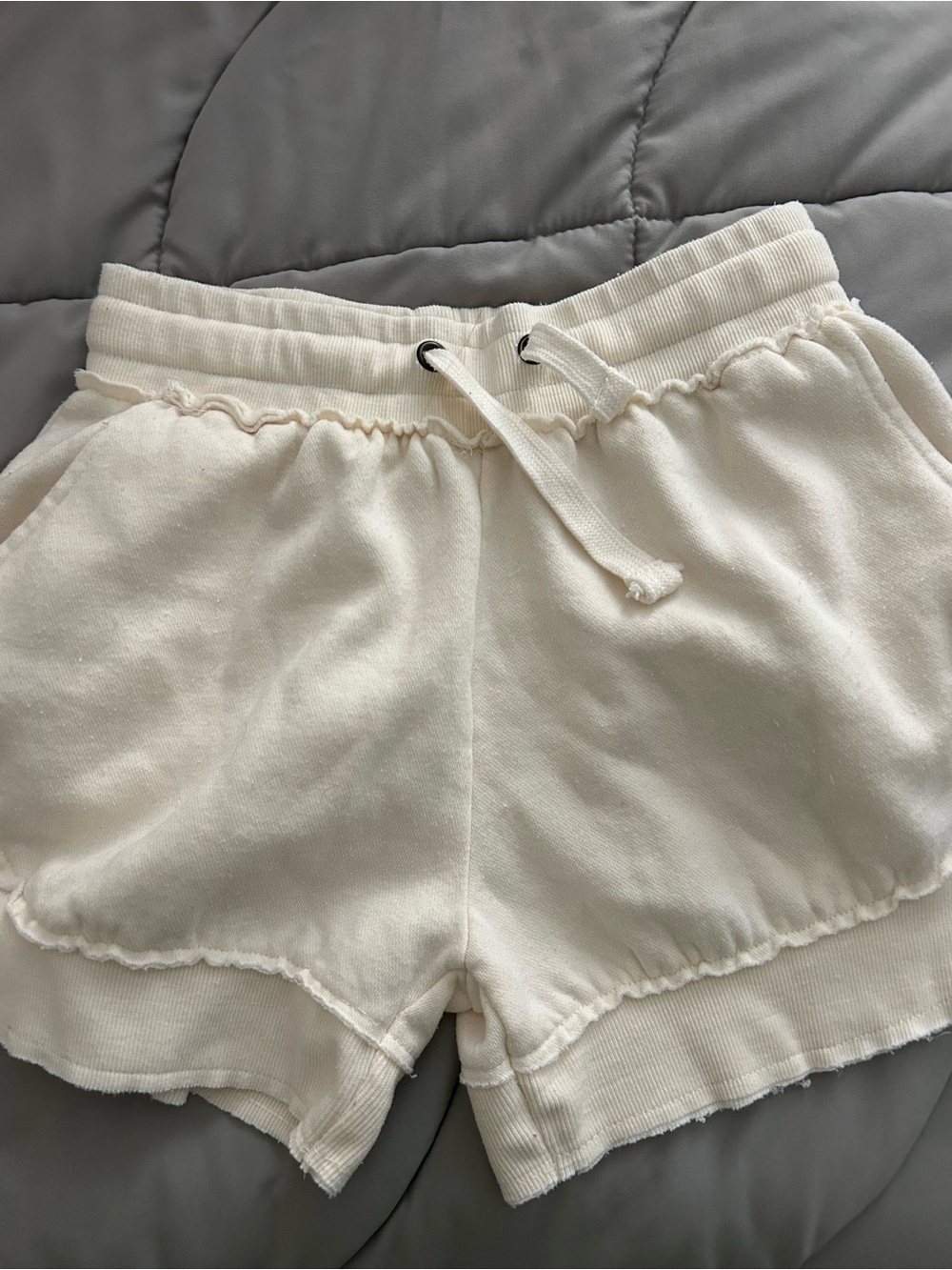 Women’s Cream Drawstring Athletic Shorts with Scalloped Hem